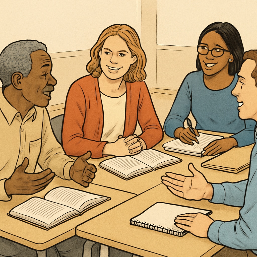 Adult learners discussing educational recovery in a UK classroom.