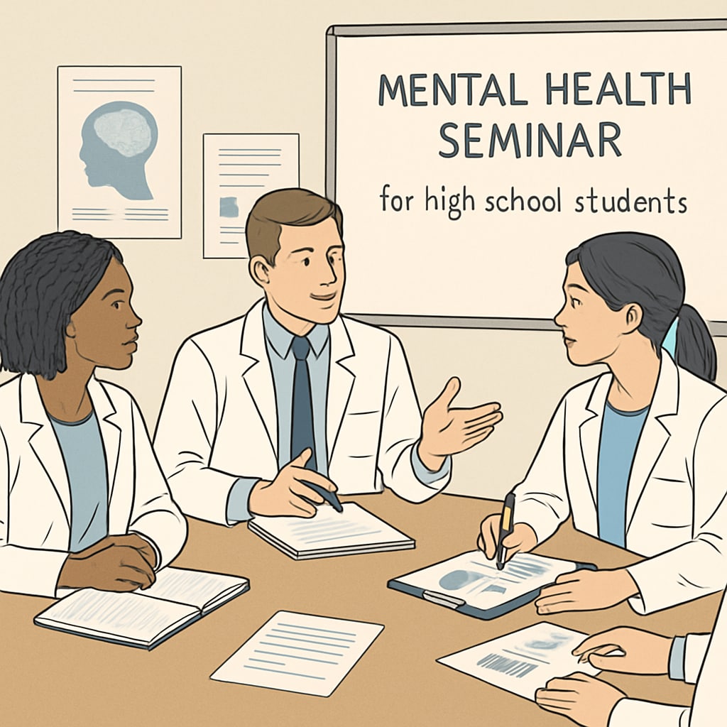 A group of medical students discussing and planning a mental health seminar for high school students. Medical students planning a mental health lecture for high school students.