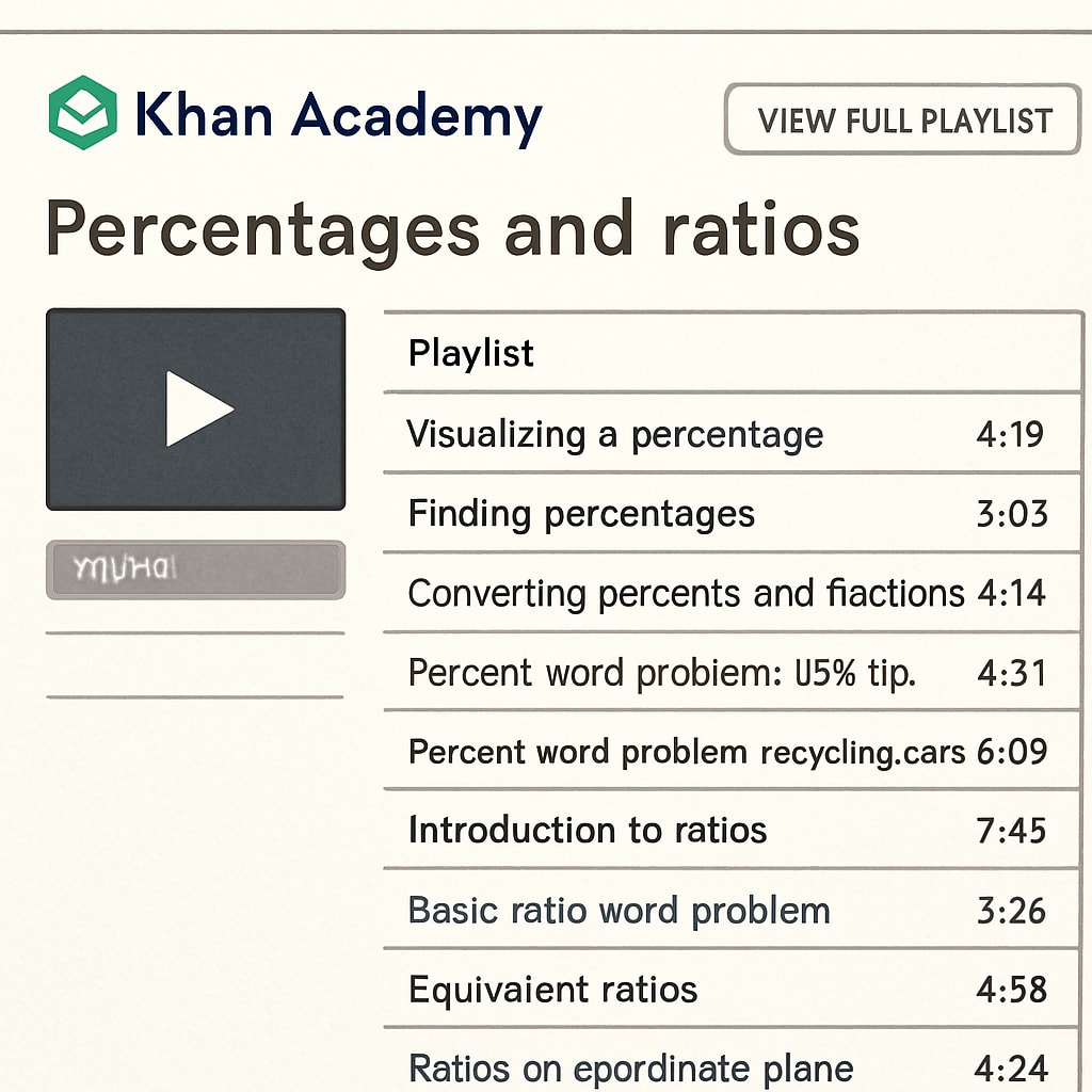 A screenshot of a Khan Academy YouTube playlist focused on percentages and ratios. Khan Academy YouTube playlist for practical math skills like percentages and ratios.