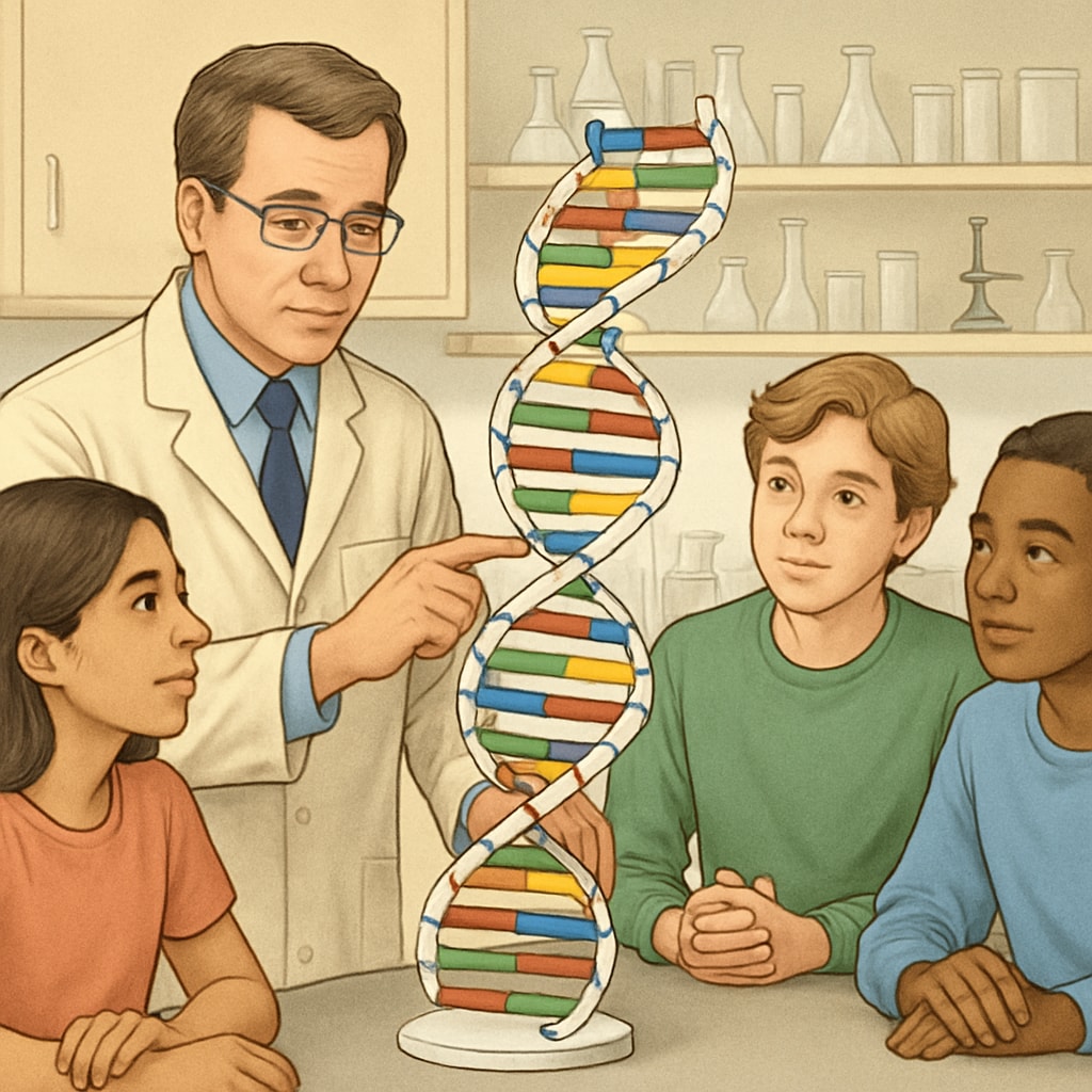 A teacher demonstrating a DNA model to high school students in a science lab. Science teacher with a biology background demonstrating DNA to students.
