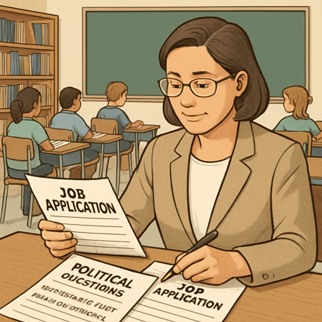 A concerned teacher reviewing job application forms with political questions in a classroom setting. Teacher reviewing applications with political inclination questions