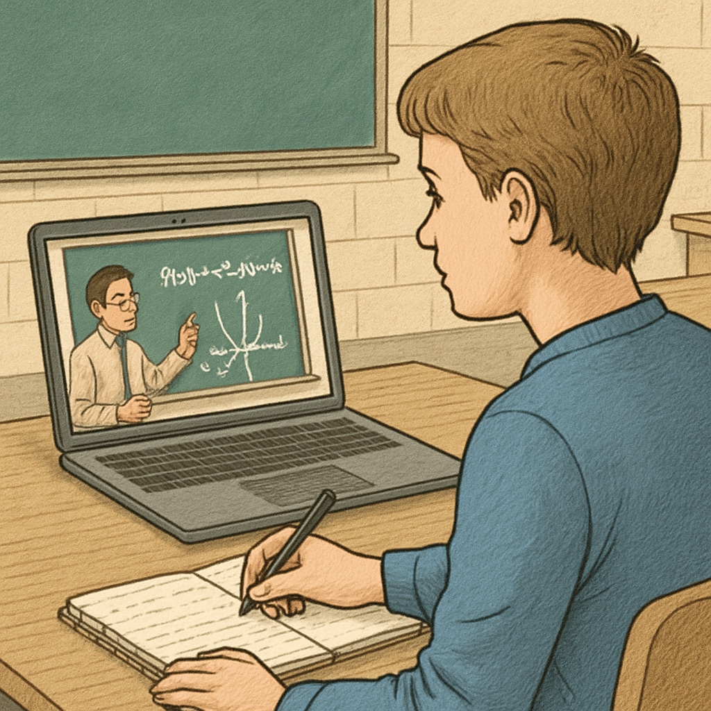 A student taking notes while watching a math tutorial on a laptop. A student using YouTube to learn practical math skills like ratios and proportions.
