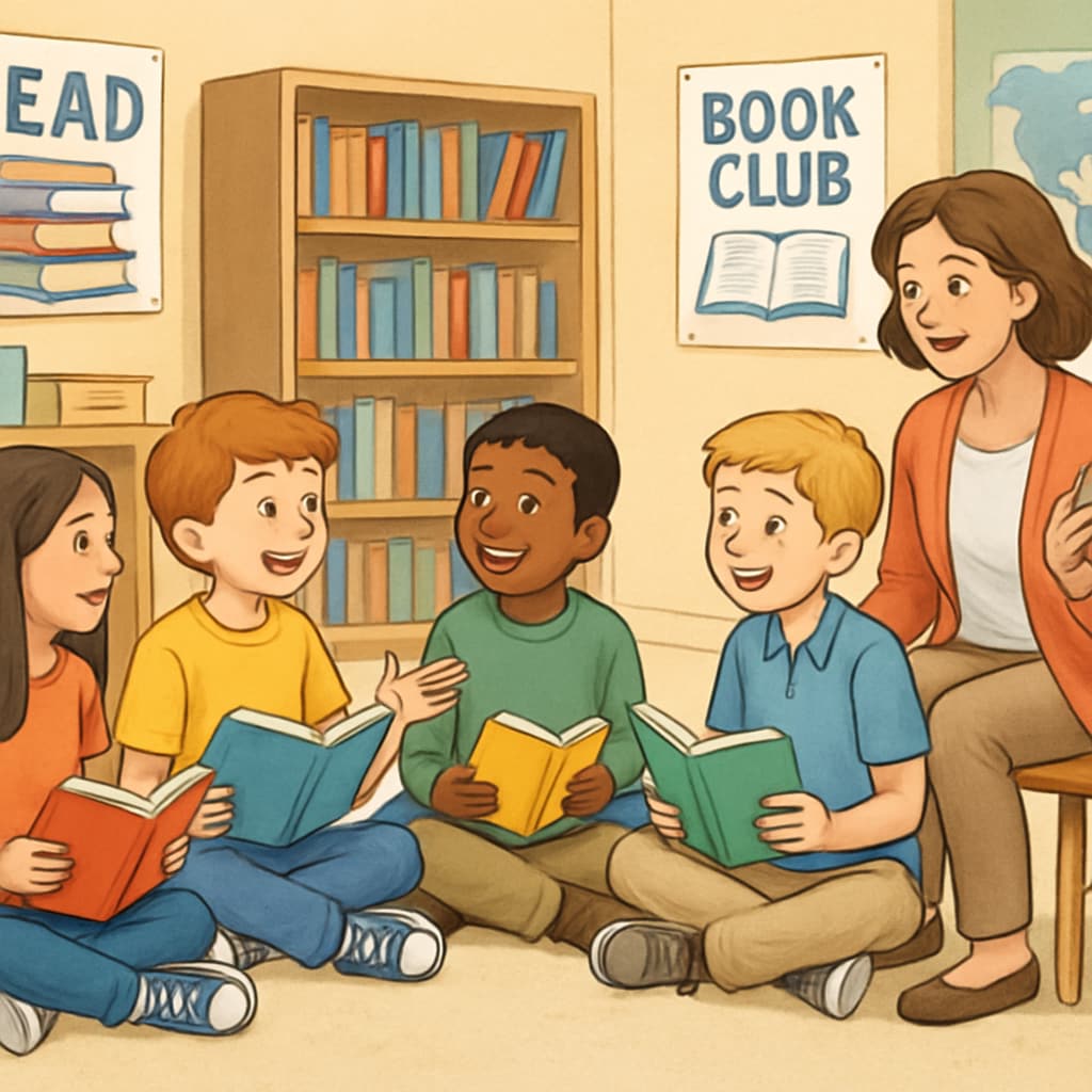 A group of elementary students engaged in a fun book club discussion, promoting reading interest. Elementary students in a book club discussing their favorite stories to enhance reading interest.