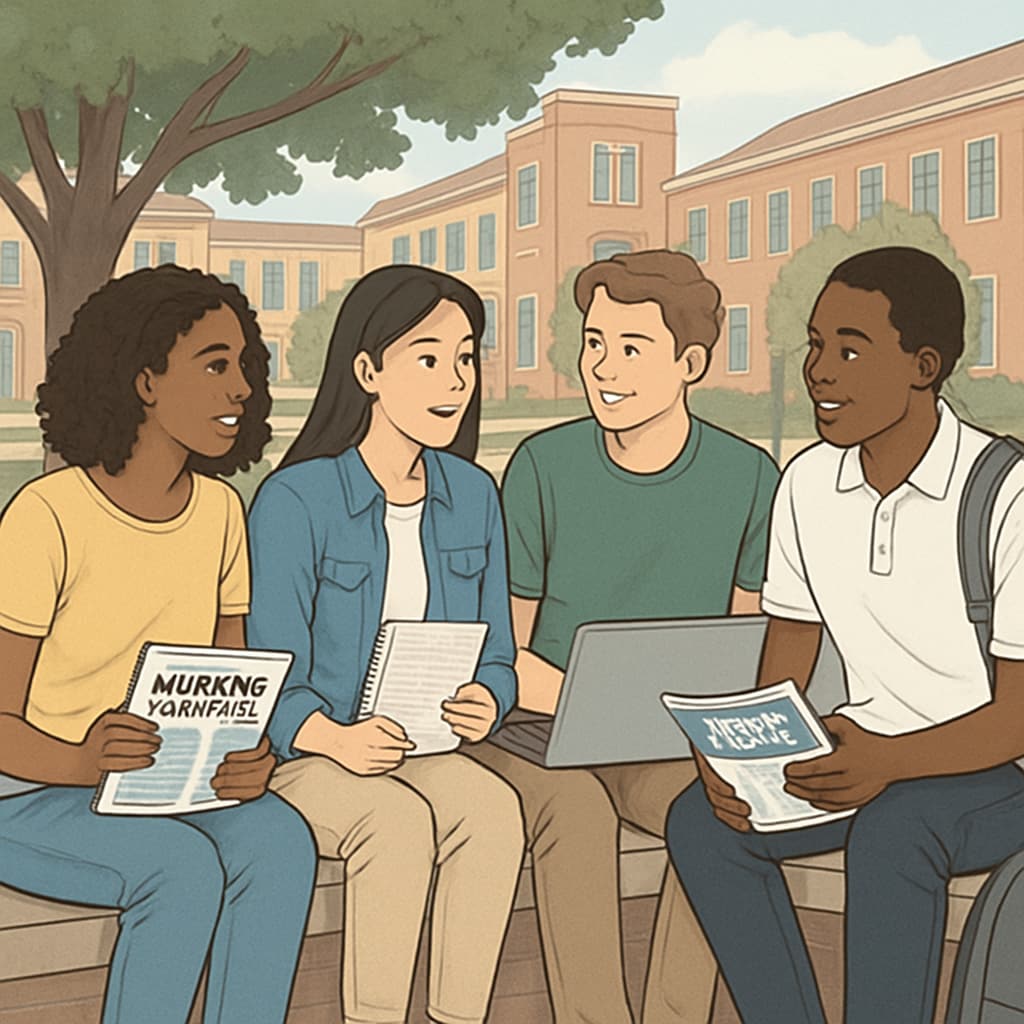 A diverse group of college students discussing nursing program options on campus; highlights social and academic considerations for choosing a school. Students discussing nursing program options and transfer requirements.