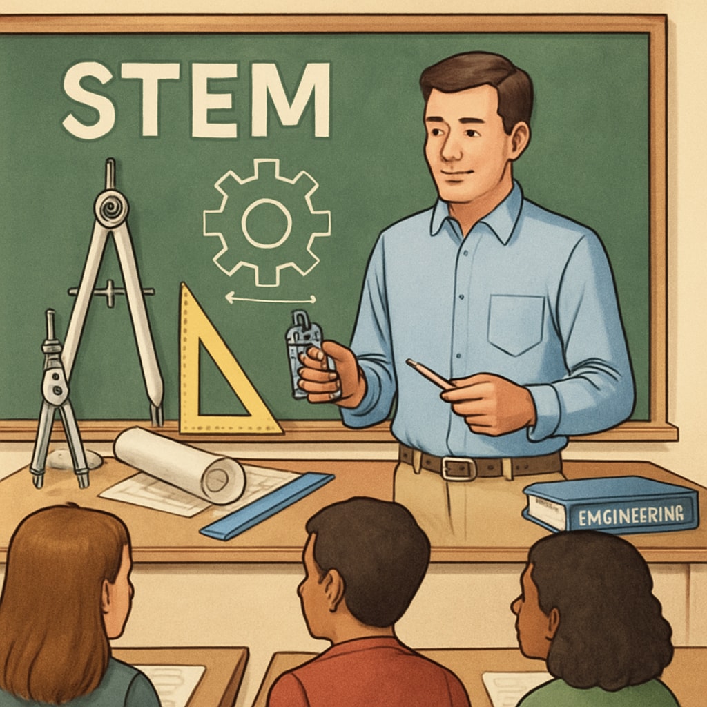 Teacher using engineering tools in a STEM-focused classroom setting