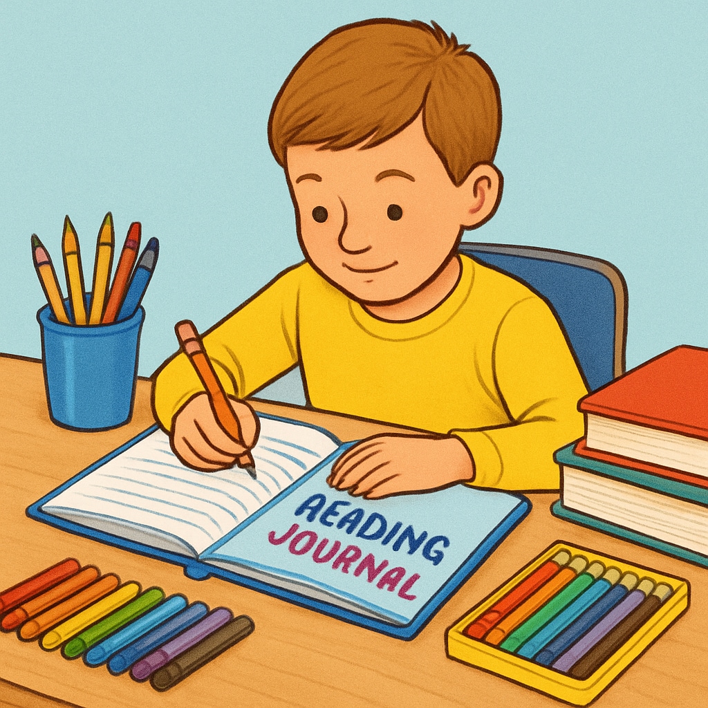 An elementary student writing in a colorful reading journal, showcasing creativity and engagement. A child writing in a reading journal to improve comprehension and creativity.