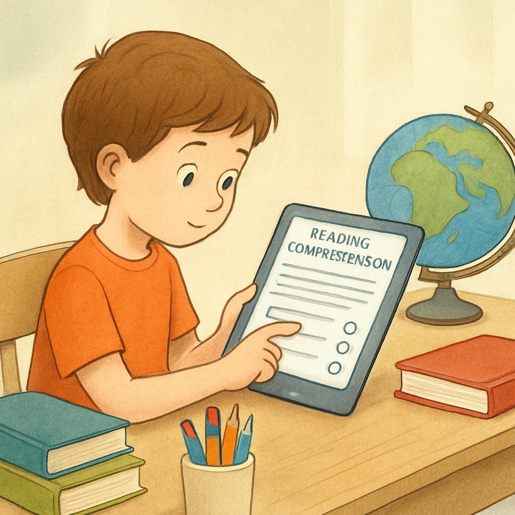 A child using a tablet for an online reading comprehension test, showcasing free tools tailored for young readers’ engagement and skill-building. A child engaging with free reading comprehension tools on a tablet.