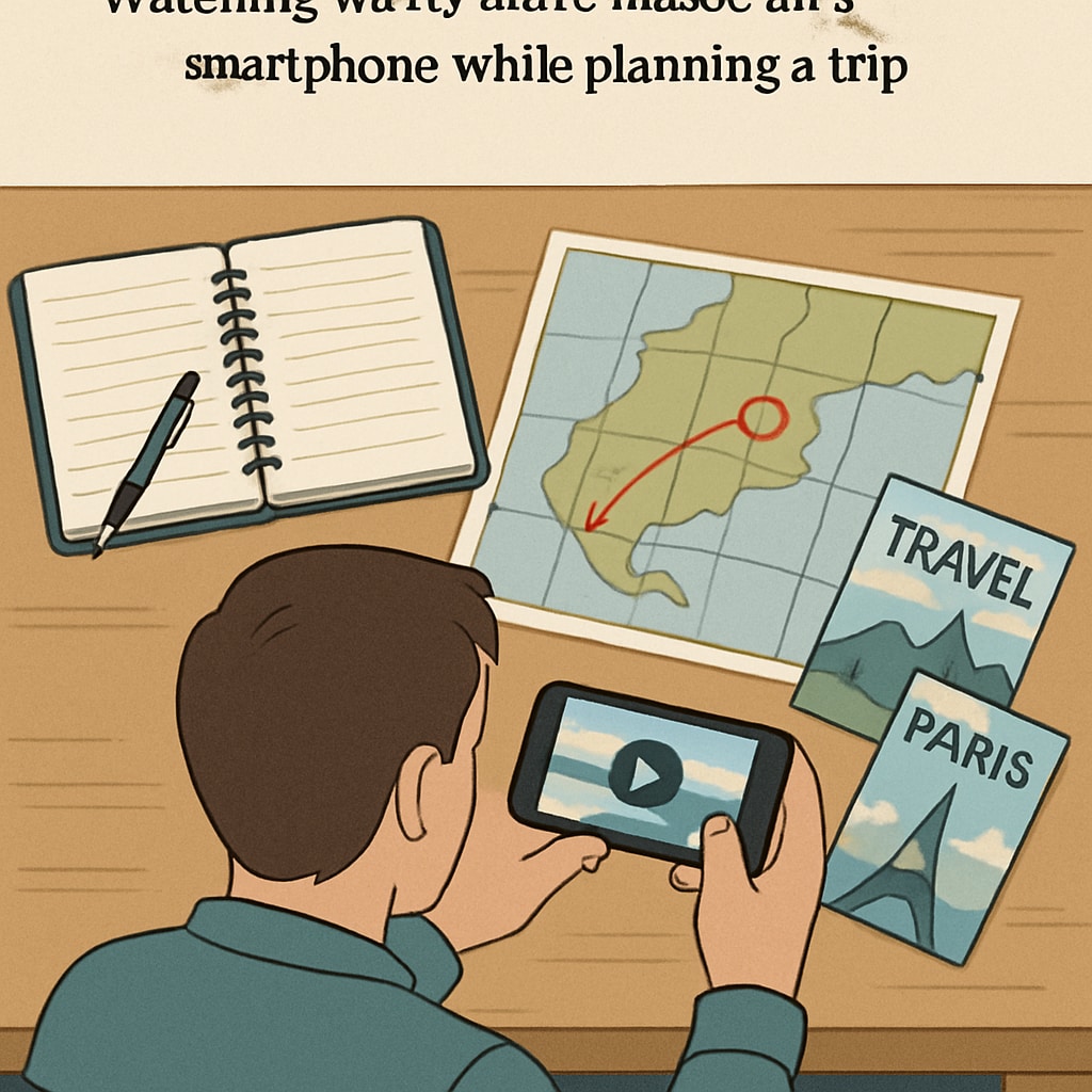 A traveler watching travel short videos on a smartphone while planning a trip. The image illustrates the connection between digital media and tourism decision-making. Travel short videos influencing a traveler’s trip planning on a smartphone.