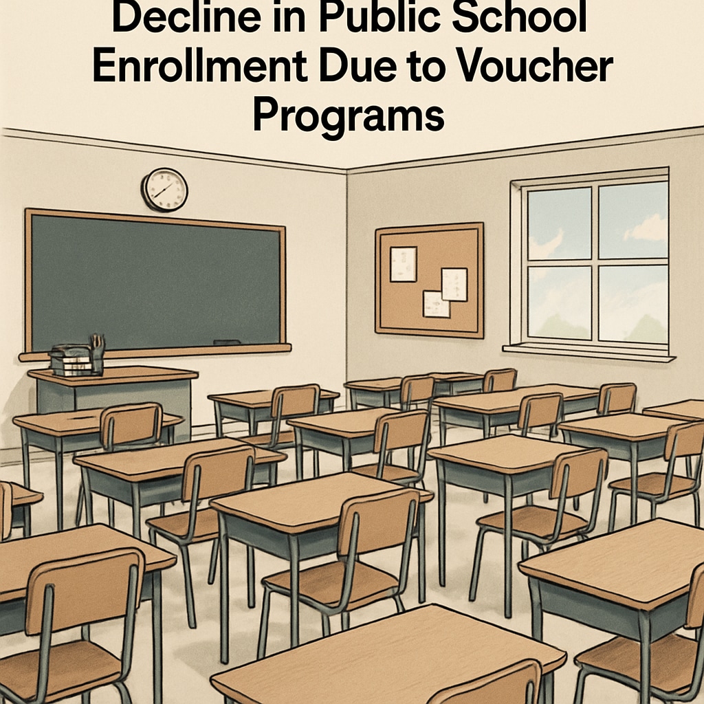 A classroom with empty desks symbolizing declining public school enrollment due to voucher programs. Empty classroom desks reflecting public school enrollment decline under voucher programs.