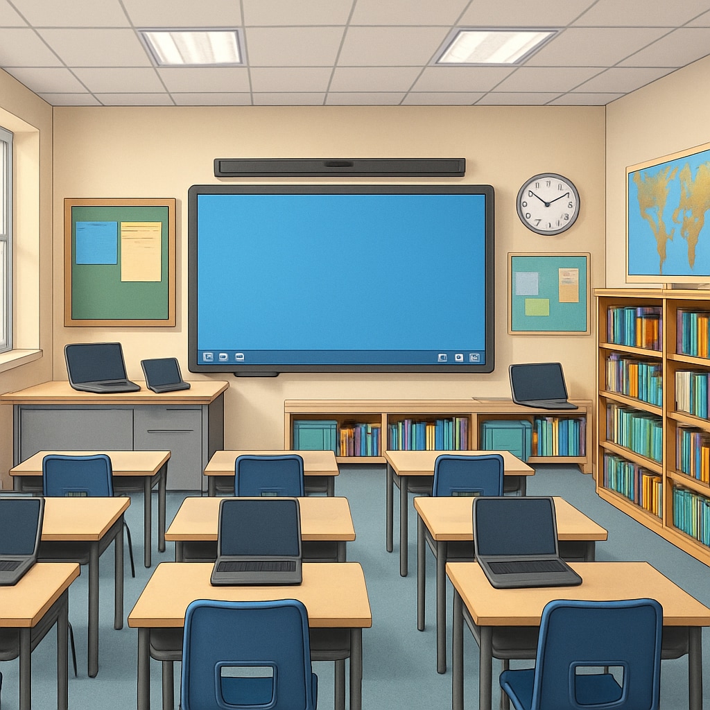 A modern public school classroom equipped with advanced technology and resources. Public school classroom with advanced facilities competing with private schools.