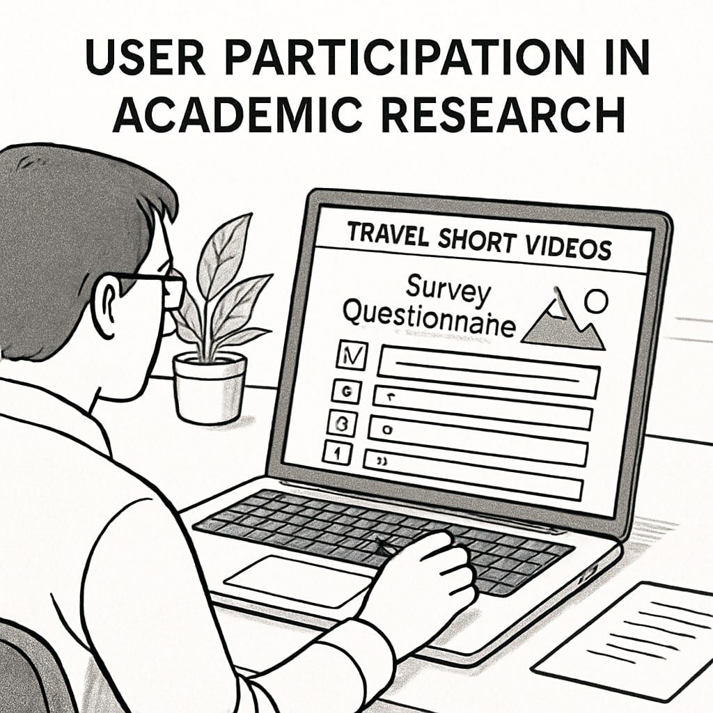 A survey participant filling out a questionnaire on a laptop about travel short videos. The image highlights the role of user participation in academic research. A participant completing a survey about travel short videos on a laptop.