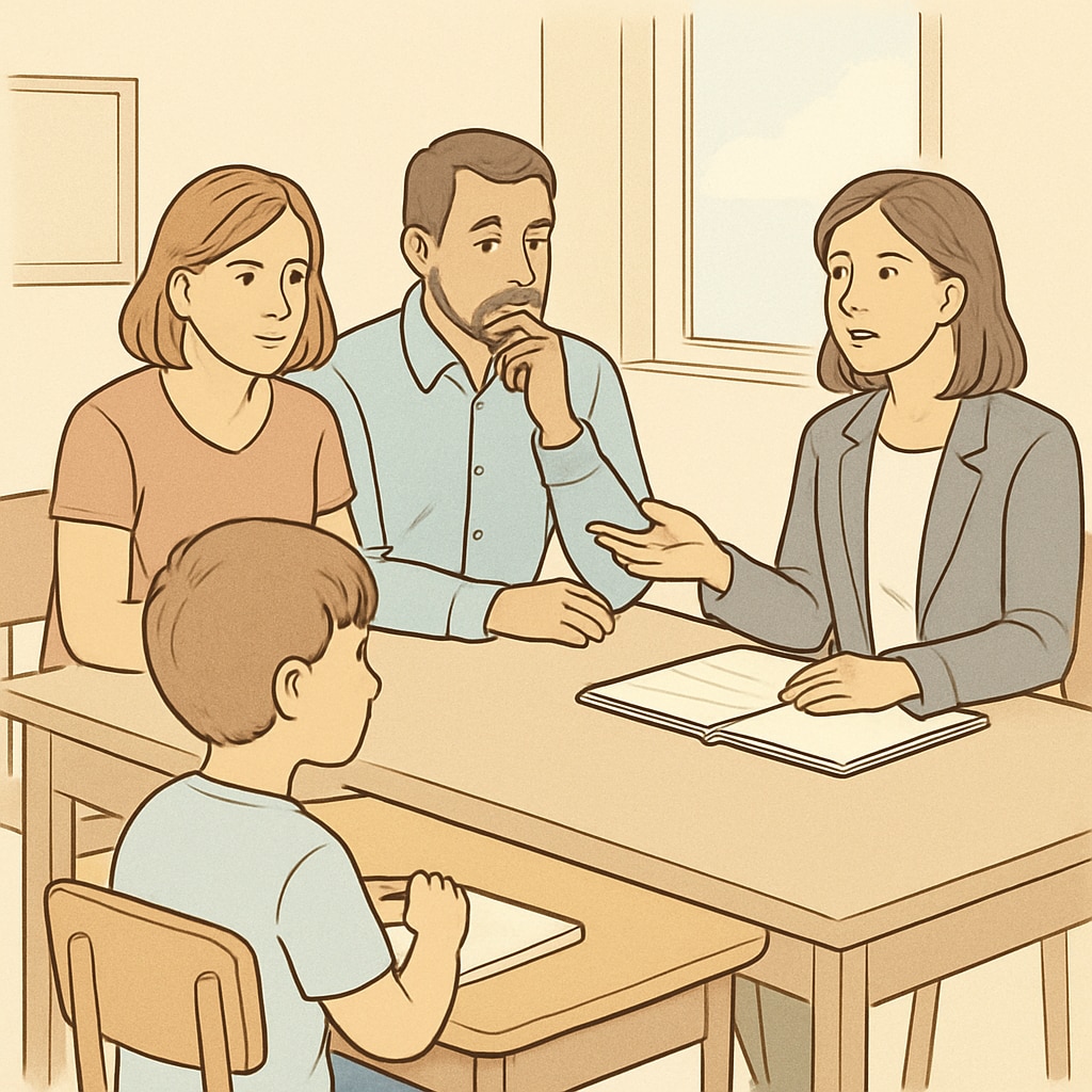 Parents discussing school transfer options with a counselor in a supportive setting.