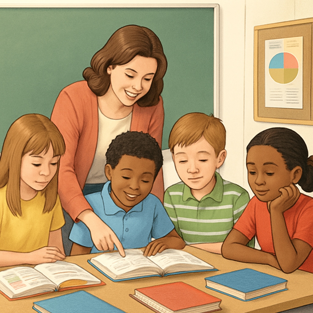 Teacher guiding students in a reading comprehension activity as part of a text complexity study.