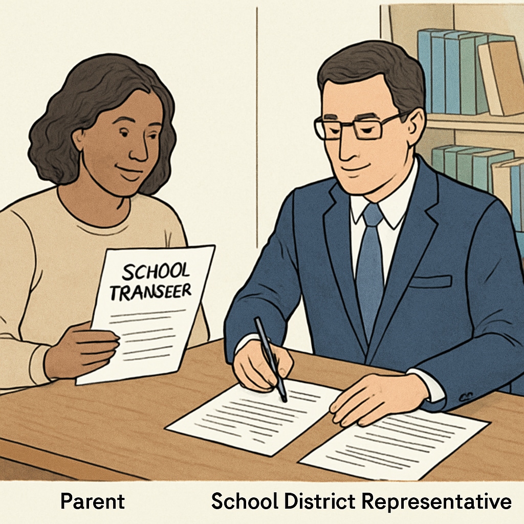 Parent signing school transfer documents with a school official.