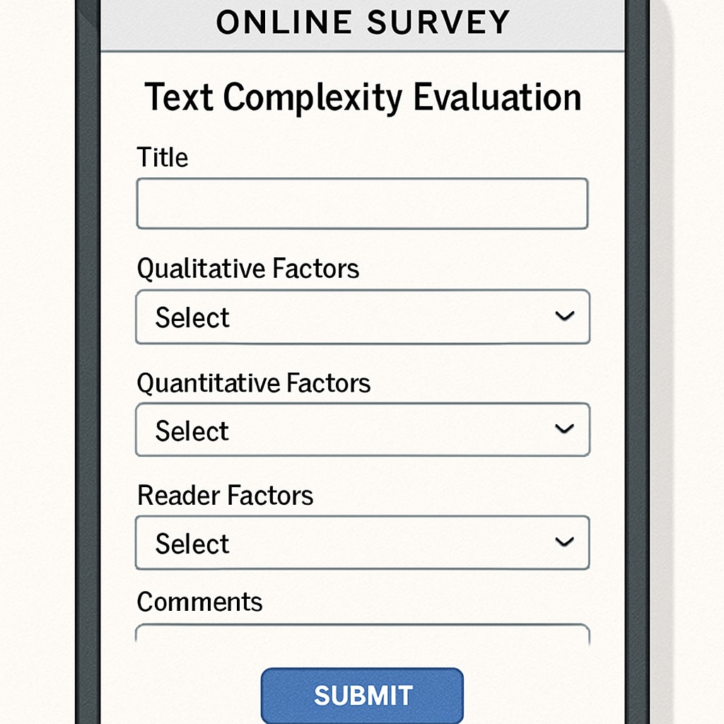 Online survey for teachers assessing text complexity in reading comprehension research.
