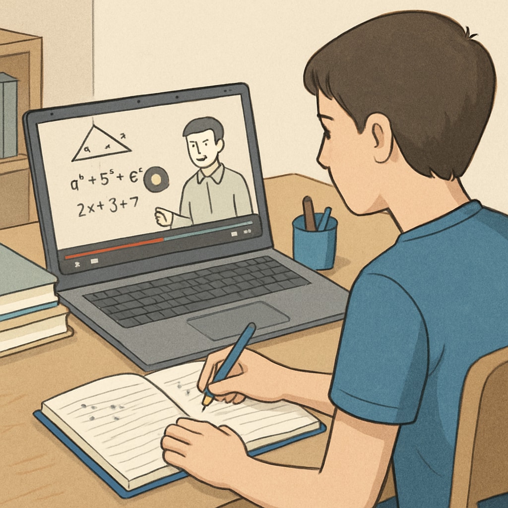 A student studying math with a laptop and a notebook, showcasing a YouTube tutorial on the screen. Student watching a math tutorial on YouTube for campus recruitment preparation.