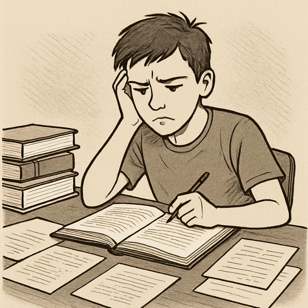A teenager sitting at a desk looking frustrated while studying, symbolizing academic struggles. A frustrated teenager struggling with academic challenges at their desk.