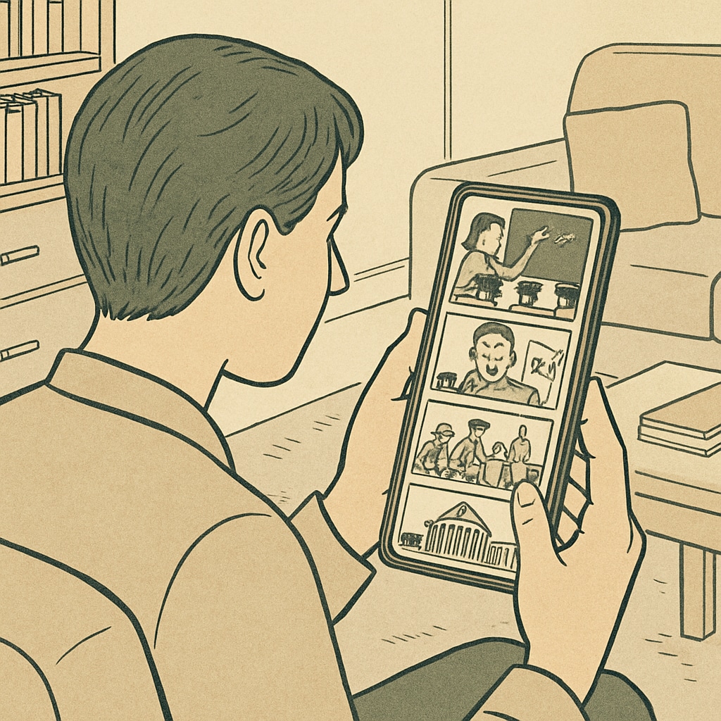 A parent reviewing short videos of school activities and trips on their smartphone, deciding on an educational program for their child. Parent using travel short videos to evaluate school programs for their child.