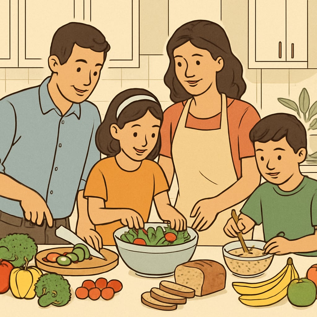 A family preparing a healthy meal together, promoting the idea of balanced nutrition and teamwork. A family working together to prepare a healthy meal, emphasizing teamwork and healthy habits.