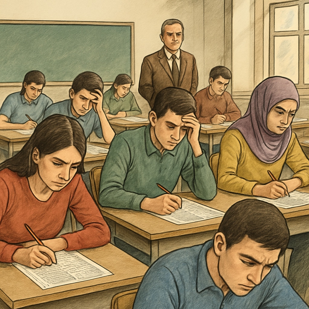 Turkish students taking a standardized exam in a classroom; reflects exam pressure in Turkey's education system.