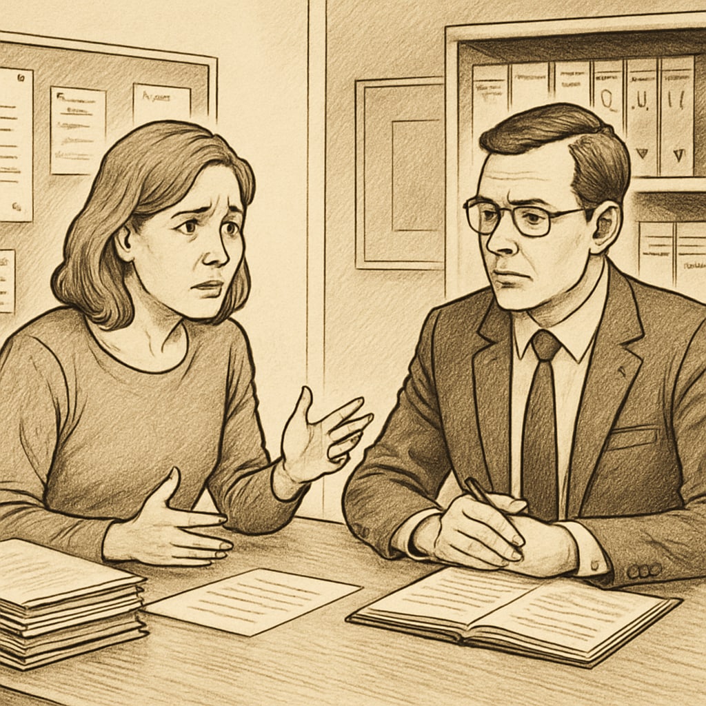 A concerned parent speaks with a school administrator in a meeting room, highlighting the challenges of navigating school transfer bureaucracy in the UK. Parent discussing school transfer challenges with an administrator.