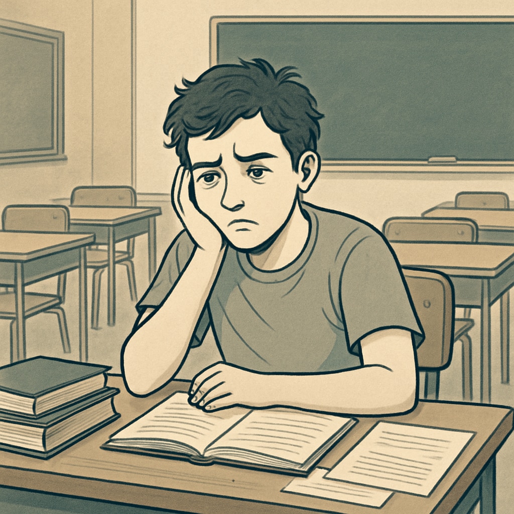 A stressed student sits alone in a classroom, symbolizing the emotional toll of delays in ADHD evaluations and mental health support. Student experiencing stress during school transition delays.
