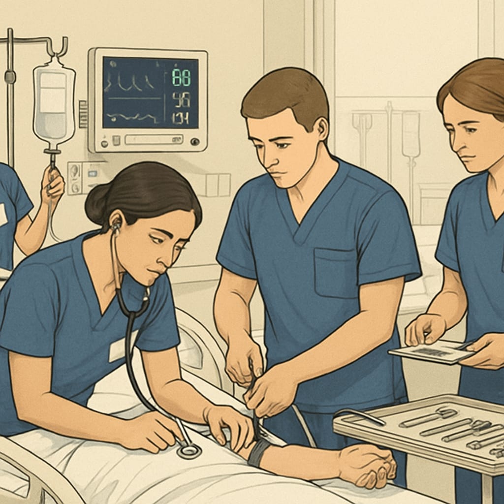 A group of nursing students practicing clinical skills in a simulated hospital environment. The image conveys the hands-on nature of nursing education and emphasizes the importance of clinical opportunities. Nursing students practicing clinical skills in a simulated hospital environment