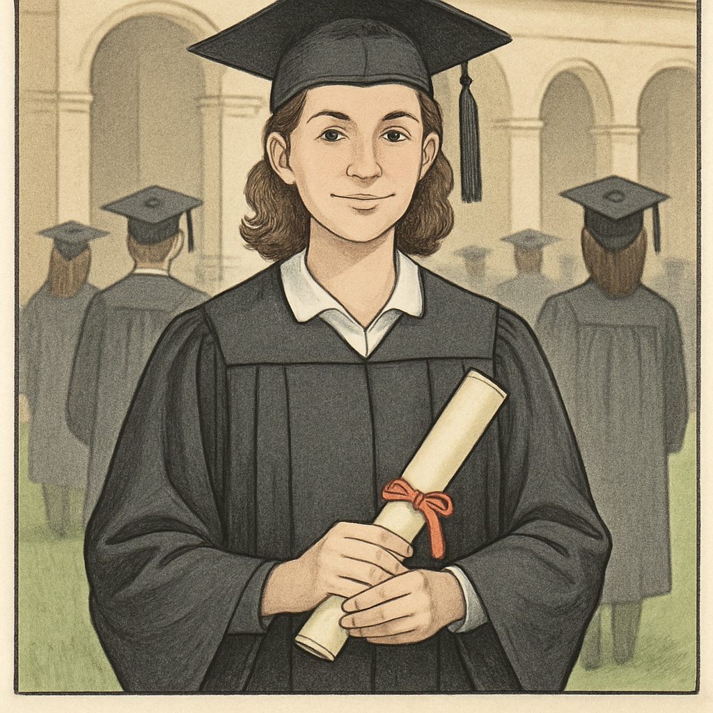 A biology graduate at a university graduation ceremony, holding a diploma in education. The image emphasizes the transition from science to teaching. Biology graduate celebrating education degree completion.
