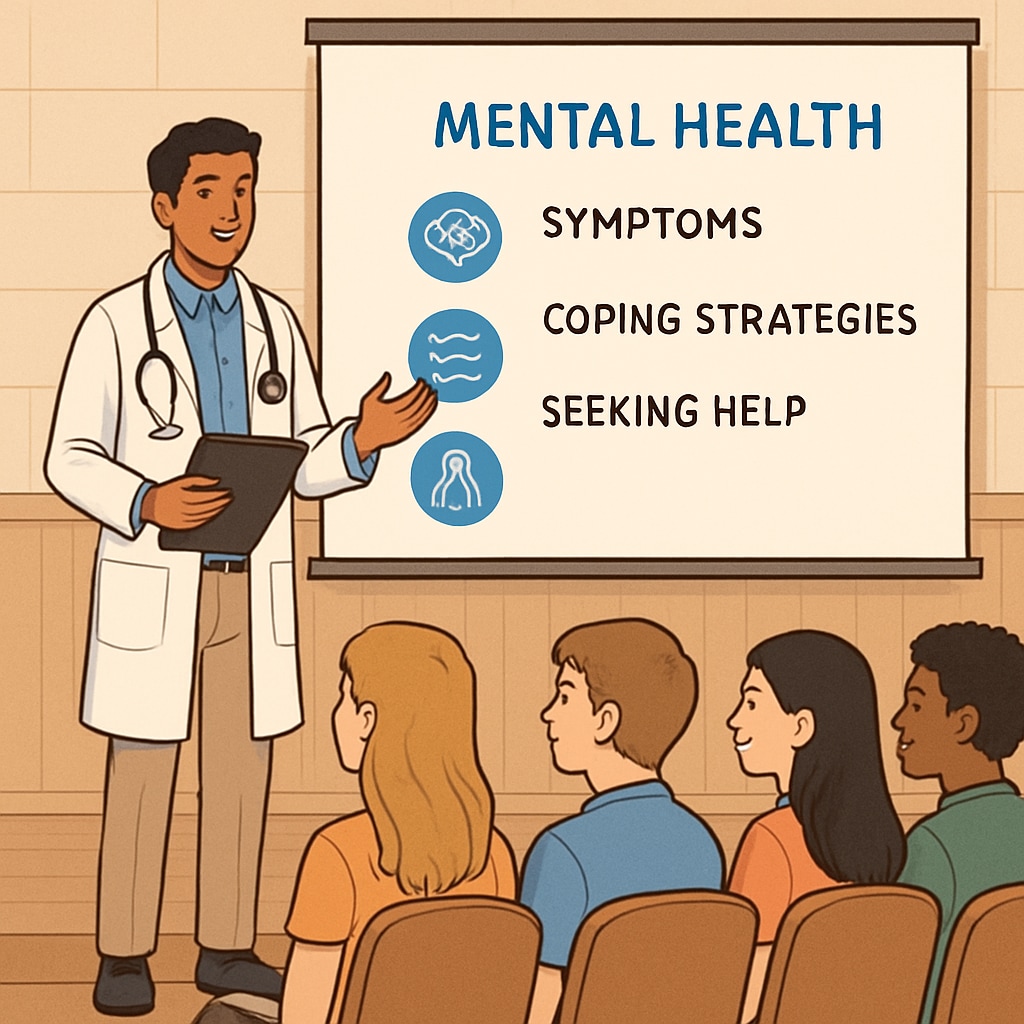 A medical student delivering a mental health presentation to a group of high school students in an auditorium. Medical student presenting mental health topics to high school students during an assembly.