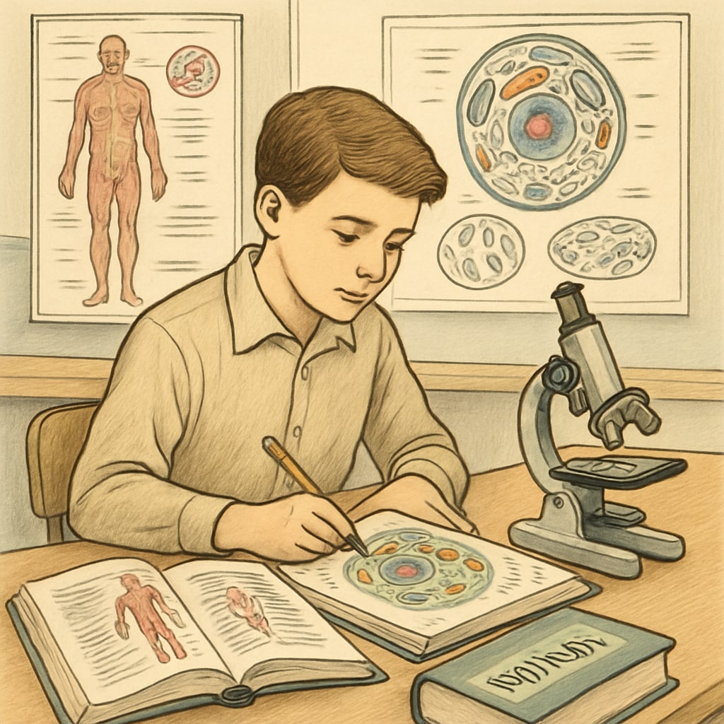 A student in a classroom setting working on a biology project, symbolizing early preparation for a nursing career. High school student preparing for nursing with a biology project.