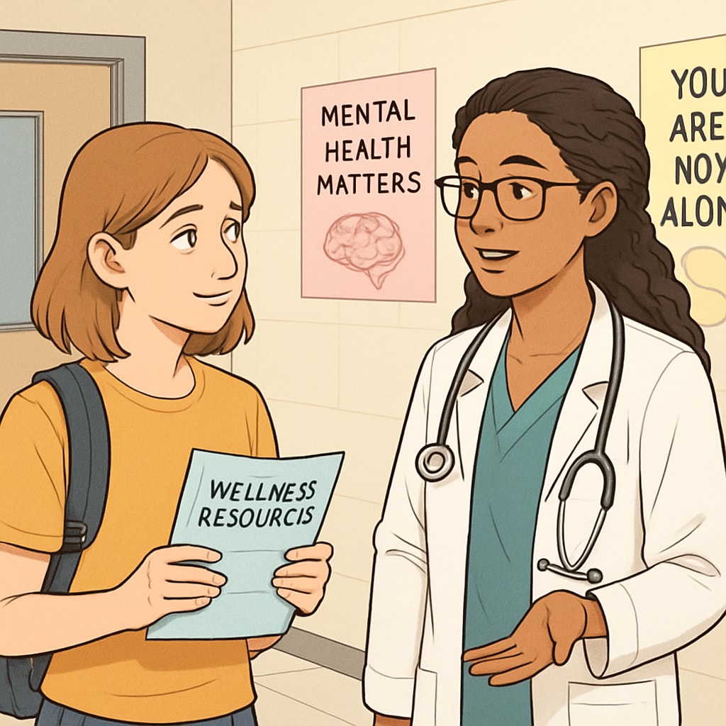 A high school student speaking with a medical student after a mental health assembly, holding a brochure with wellness resources. High school student receiving mental health resources from a medical student after assembly.