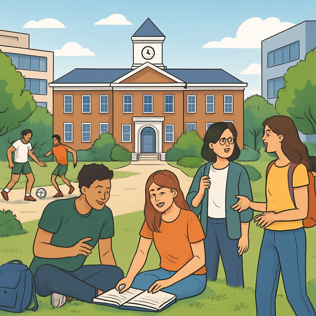A university campus with students participating in group activities, emphasizing the importance of an active social life. University students on campus engaging in group activities.