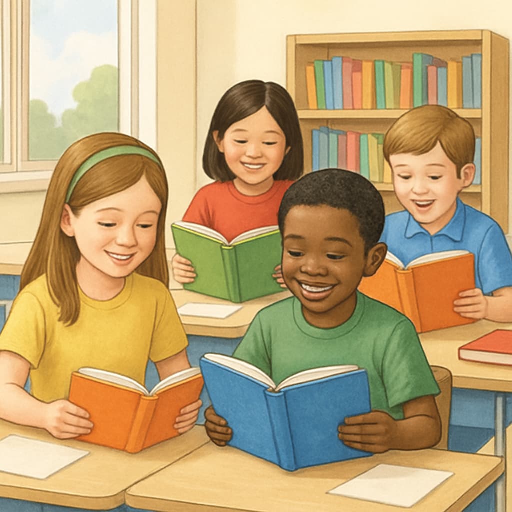 Elementary students enjoying a group reading session, promoting free reading comprehension tests and interest.