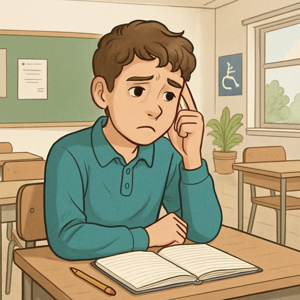 A concerned teenager sitting alone in a classroom, representing special needs students facing challenges in school transfers. Special needs student facing delays in school transfer due to bureaucratic barriers.
