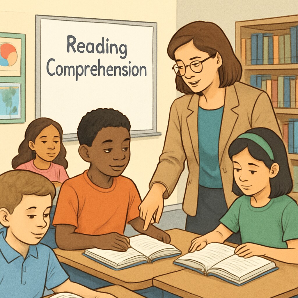 A K-12 teacher working with students on reading comprehension during a classroom activity. Teacher guiding students on reading comprehension in a classroom setting.