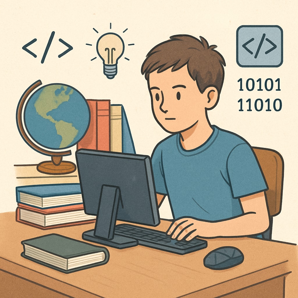 A young student working on a computer, symbolizing IT and technology education. A student focused on computer work, representing university major selection in IT careers.