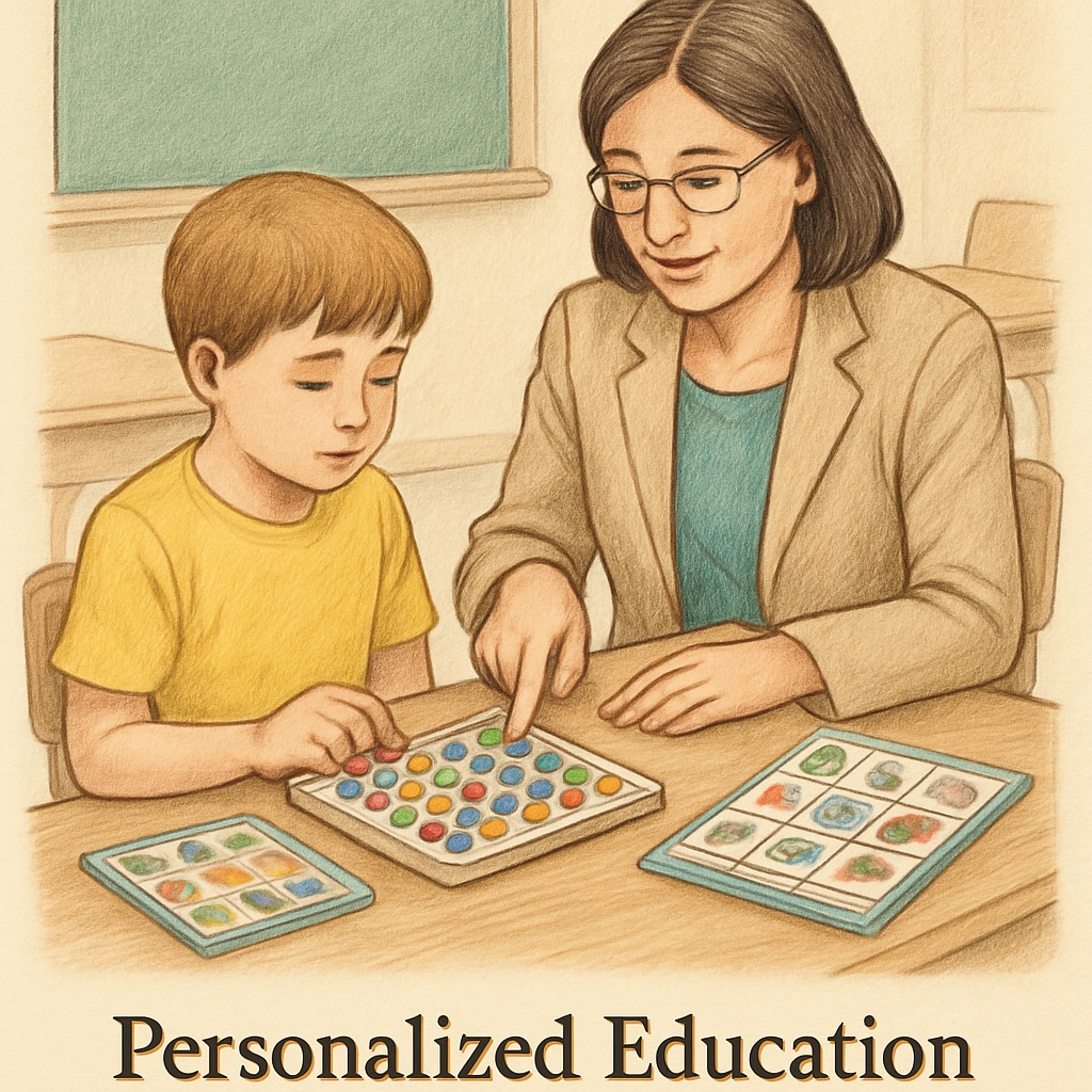 A teacher working one-on-one with a student using specialized learning tools, symbolizing the importance of tailored education for special needs. Teacher assisting a special needs student with learning tools during one-on-one sessions.