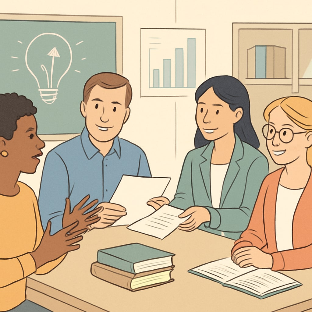 A group of teachers discussing educational strategies during a professional development workshop. Teachers collaborating during a professional development session.
