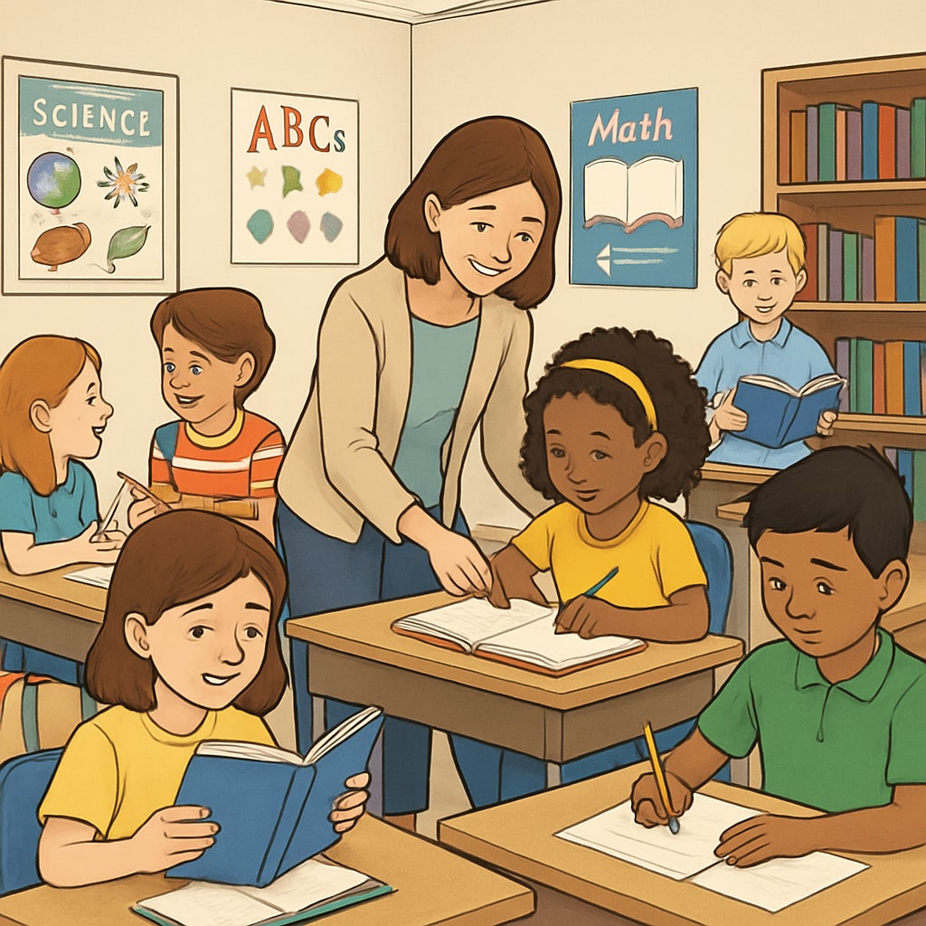 A classroom in a public school showing diverse students actively engaged in learning activities. Public school classroom with students engaged in learning, highlighting education funding challenges.