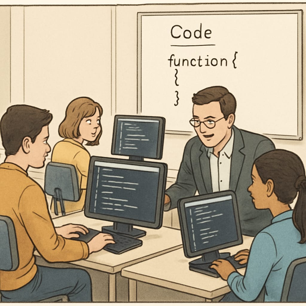 A classroom setting with students engaged in coding exercises, representing hands-on learning in IT. High school students coding in a classroom, showcasing career preparation in technology.