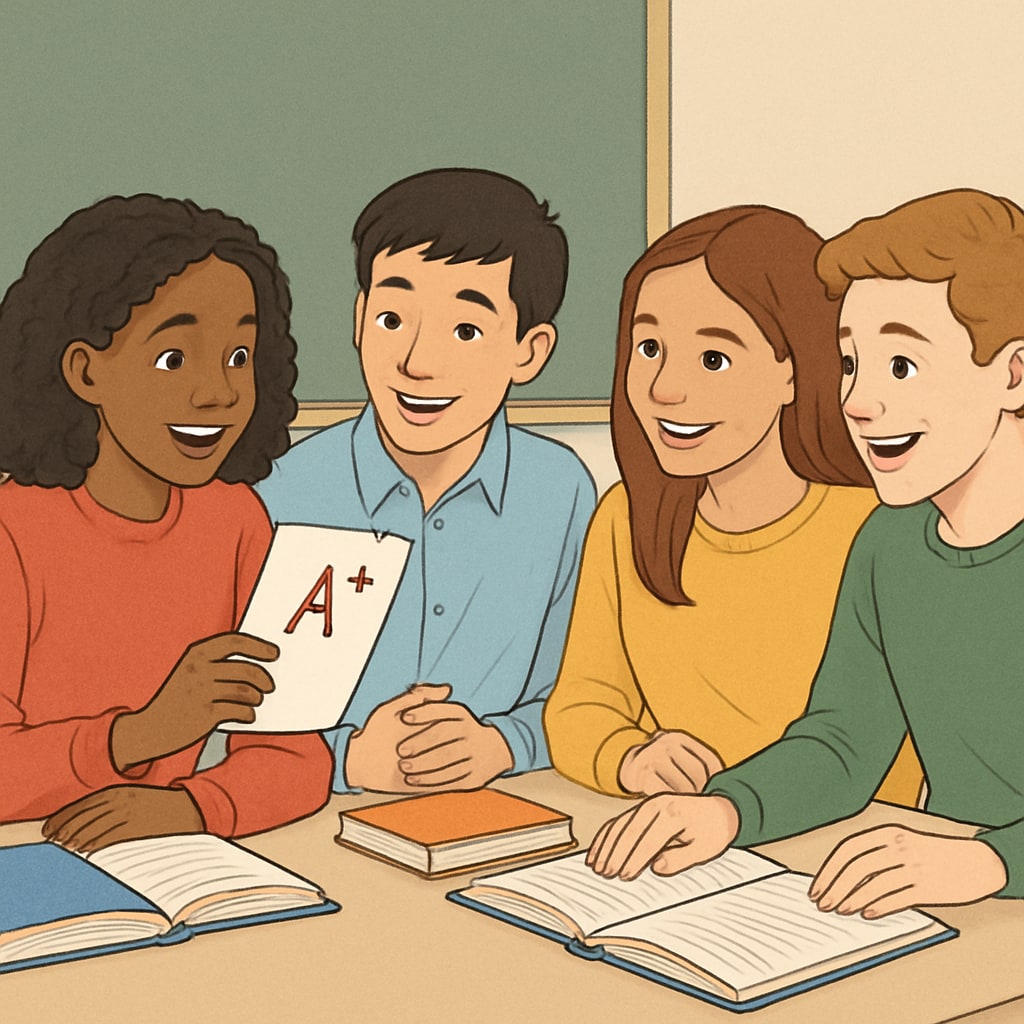 A group of diverse students sitting together, discussing their academic results with supportive expressions. Students discussing their GCSE results with encouragement and support.