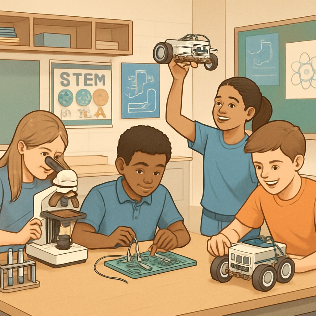 Students participating in a STEM activity at a public school, showcasing innovative programs designed to attract and retain students. Public school students collaborating on a STEM project, illustrating creative strategies in education.