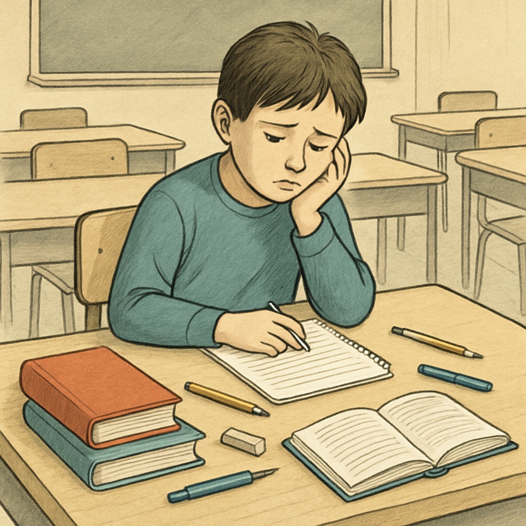 A student sitting alone in a classroom, with school materials scattered on the desk, illustrating feelings of isolation due to prolonged absence from school. Special needs student isolated due to delayed school transfer.
