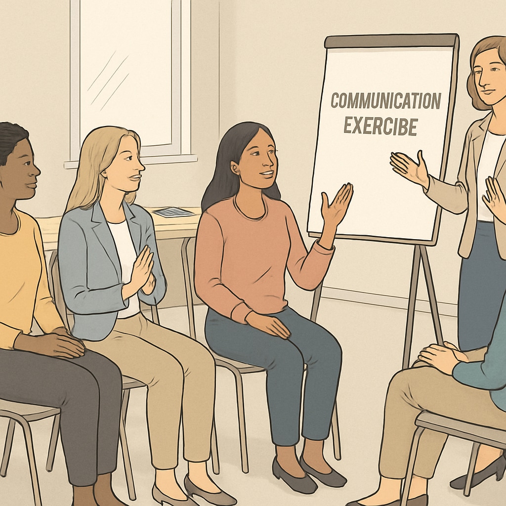 A group of women entrepreneurs participating in a guided communication exercise led by a facilitator. Women entrepreneurs practicing Sadhguru's communication exercises in a workshop setting.
