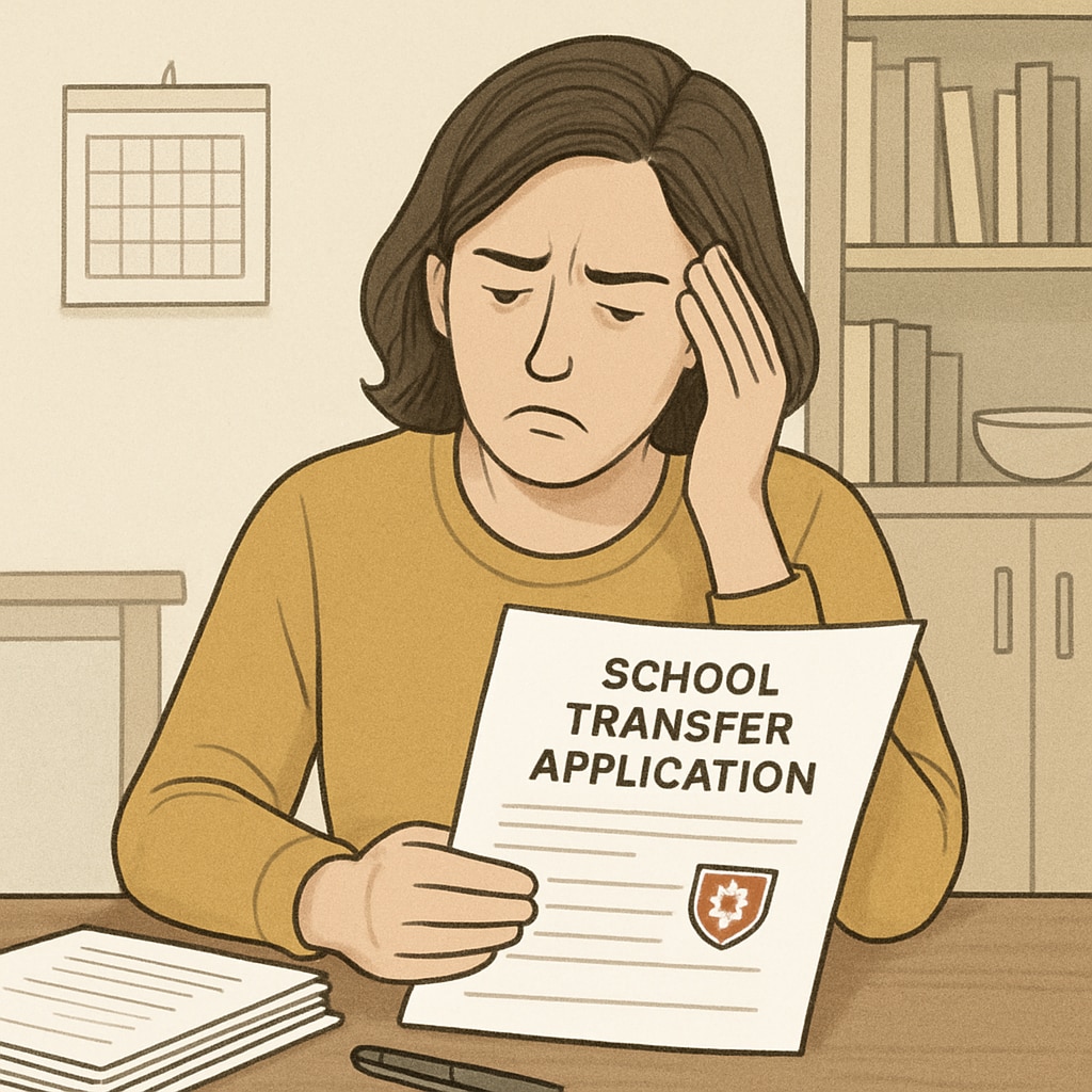 A frustrated parent holding paperwork related to a school transfer application, symbolizing the bureaucratic challenges faced by families of special needs students. Parent frustrated with bureaucratic school transfer delays.