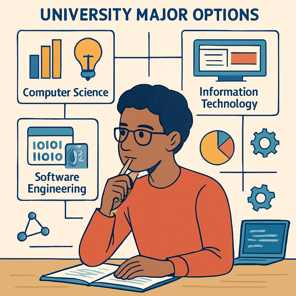 A student analyzing university major options in technology and IT fields. A student looking at IT and technology university major options.