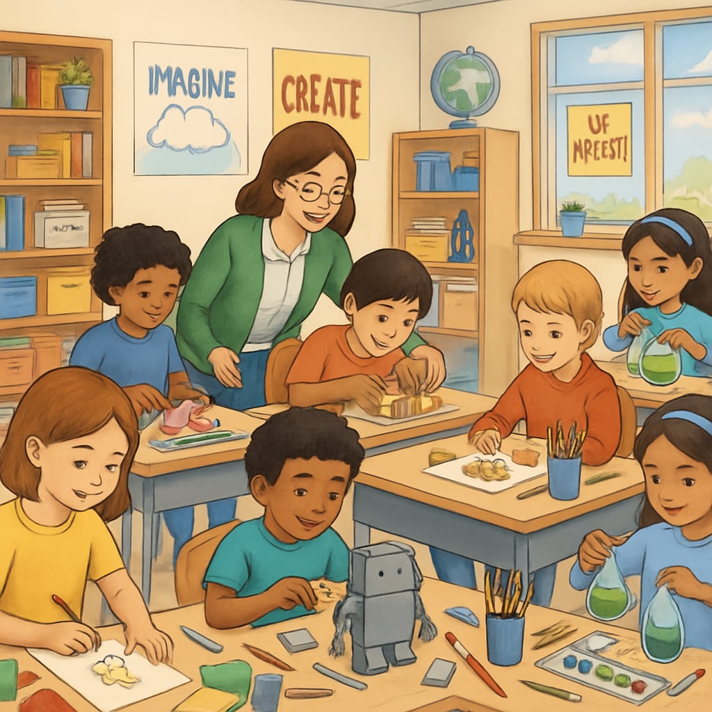 A classroom in the U.S. promoting creativity and individual projects, showing students engaged in hands-on activities. U.S. classroom emphasizing creativity and alternative assessments.