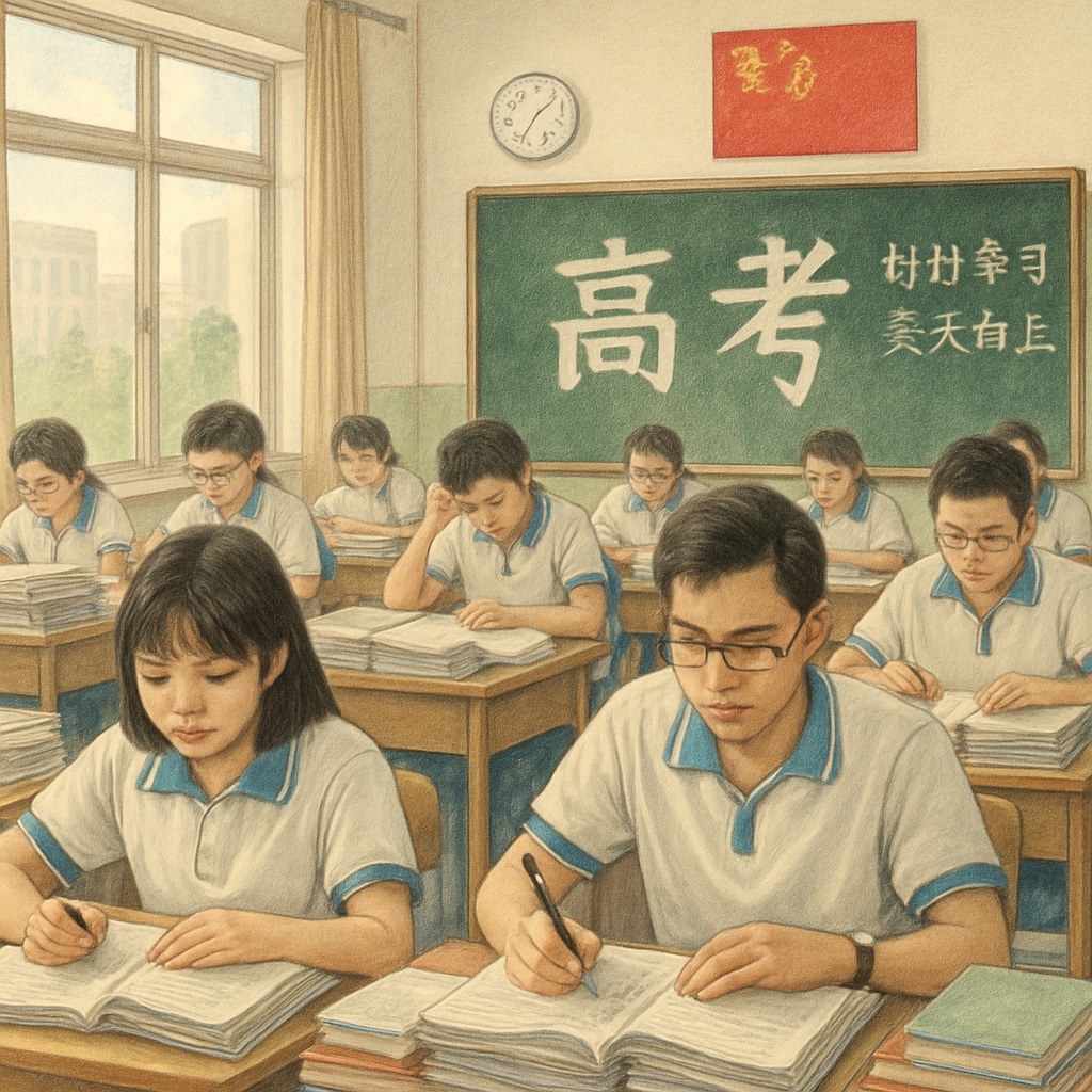 A Chinese classroom with students intensely preparing for the Gaokao examination, highlighting the emphasis on standardized testing. Chinese students preparing for rigorous standardized exams.