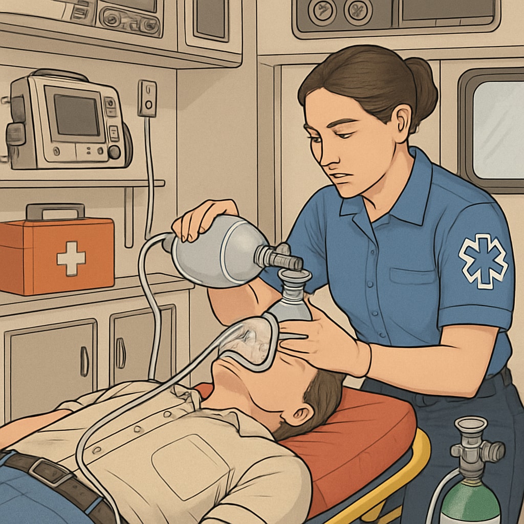 An EMT assisting a patient in an ambulance, showcasing emergency care techniques and highlighting real-world experience. EMT providing emergency care to a patient in an ambulance