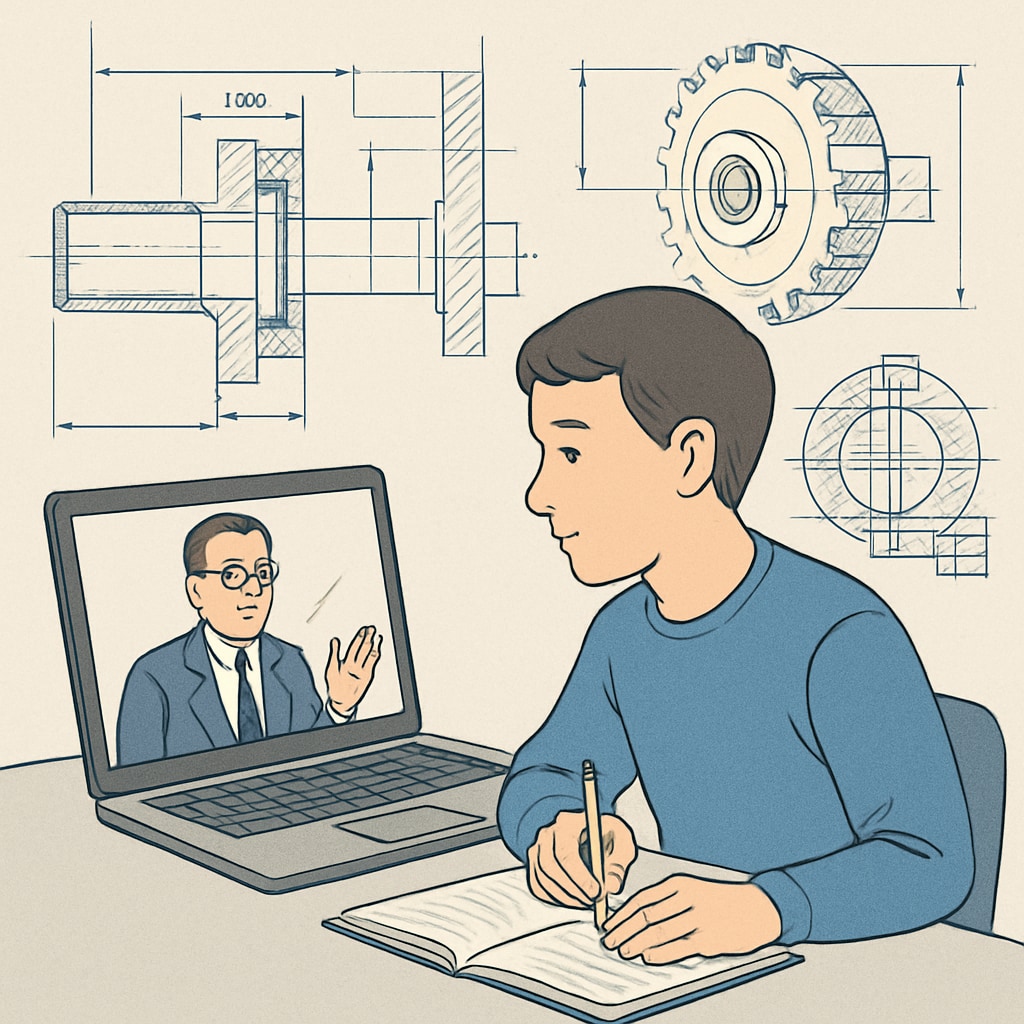 A student attending an online lecture on their laptop while mechanical engineering blueprints are visible in the background. A student multitasking between an online degree and mechanical engineering coursework.